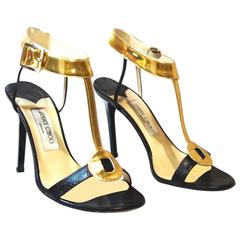 Jimmy Choo Black Leather Mirrored T-Strap 'Latch' Sandals 38.5