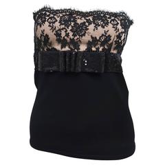 VALENTINO Strapless Top Exquisite Black Lace Over Nude Sequin Bow Front 8