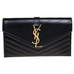 Saint Laurent Black Matelassé Leather Monogram Envelope Clutch