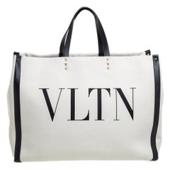 Valentino White/Black Canvas and Leather Large VLTN Logo Tote