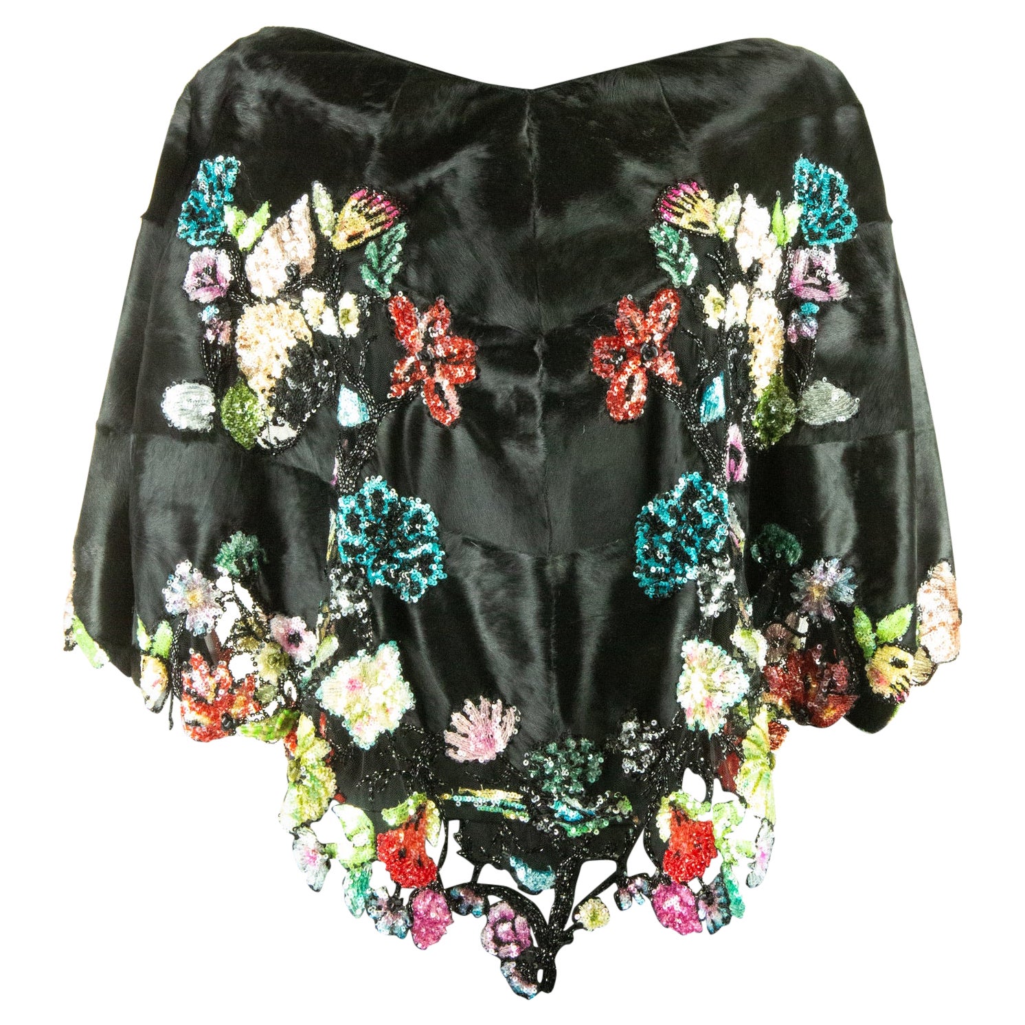 Valentino Black Broadtail Fur Shawl with Beaded Embroidery