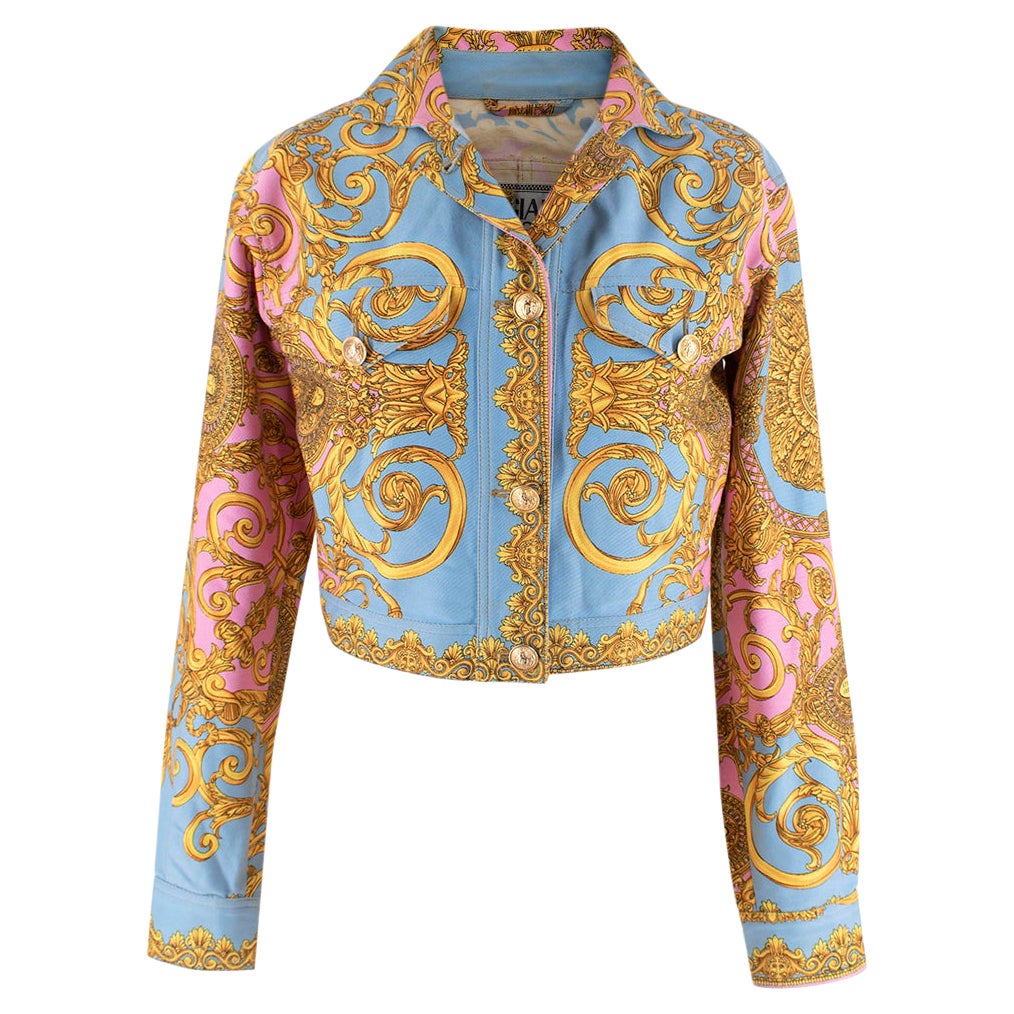 Gianni Versace Vintage Blue Pink and Gold Baroque Denim Jacket - Us size 4
