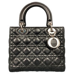 Antique CHRISTIAN DIOR Lady Dior Black Quilted Lamb Leather Medium Handbag