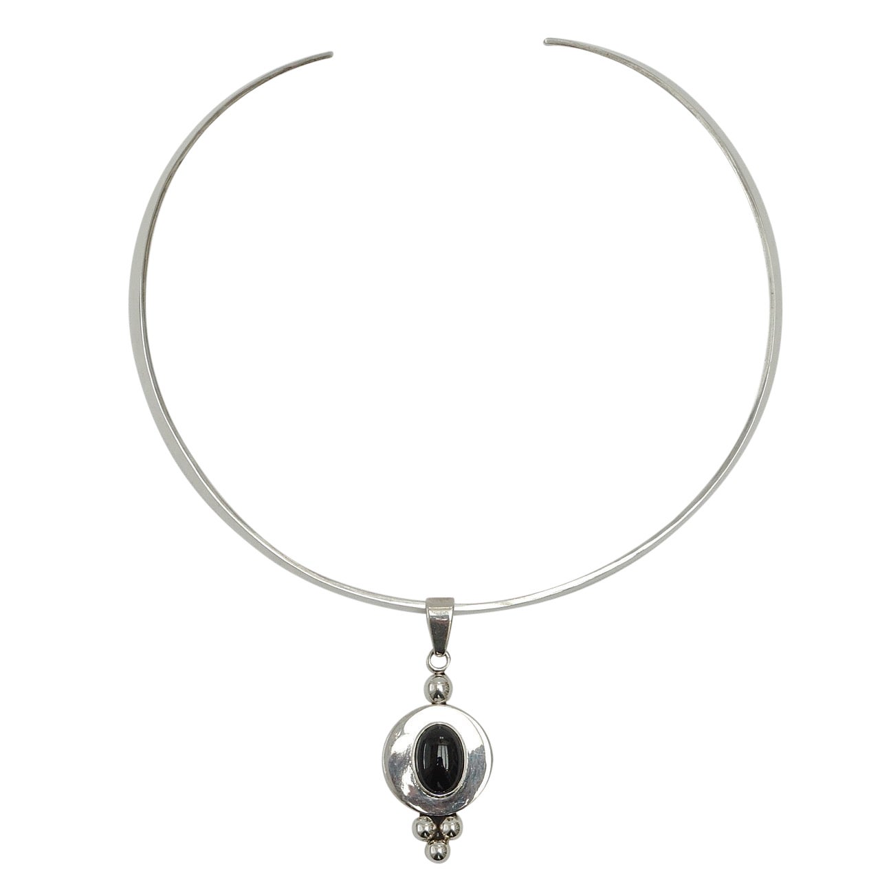 Mexico Sterling Silver Torque Collar Necklace with Silver and Onyx Pendant