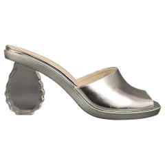 SIMONE ROCHA Size 8 Silver Leather Carved Heel Mule Sandals