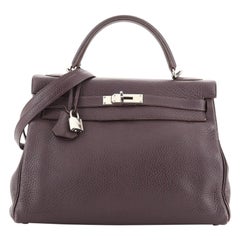 Hermes Kelly Handbag Raisin Clemence with Palladium Hardware 32