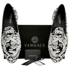 NEW VERSACE BLACK and WHITE EMBROIDERY LOAFER SHOES 44 - 11