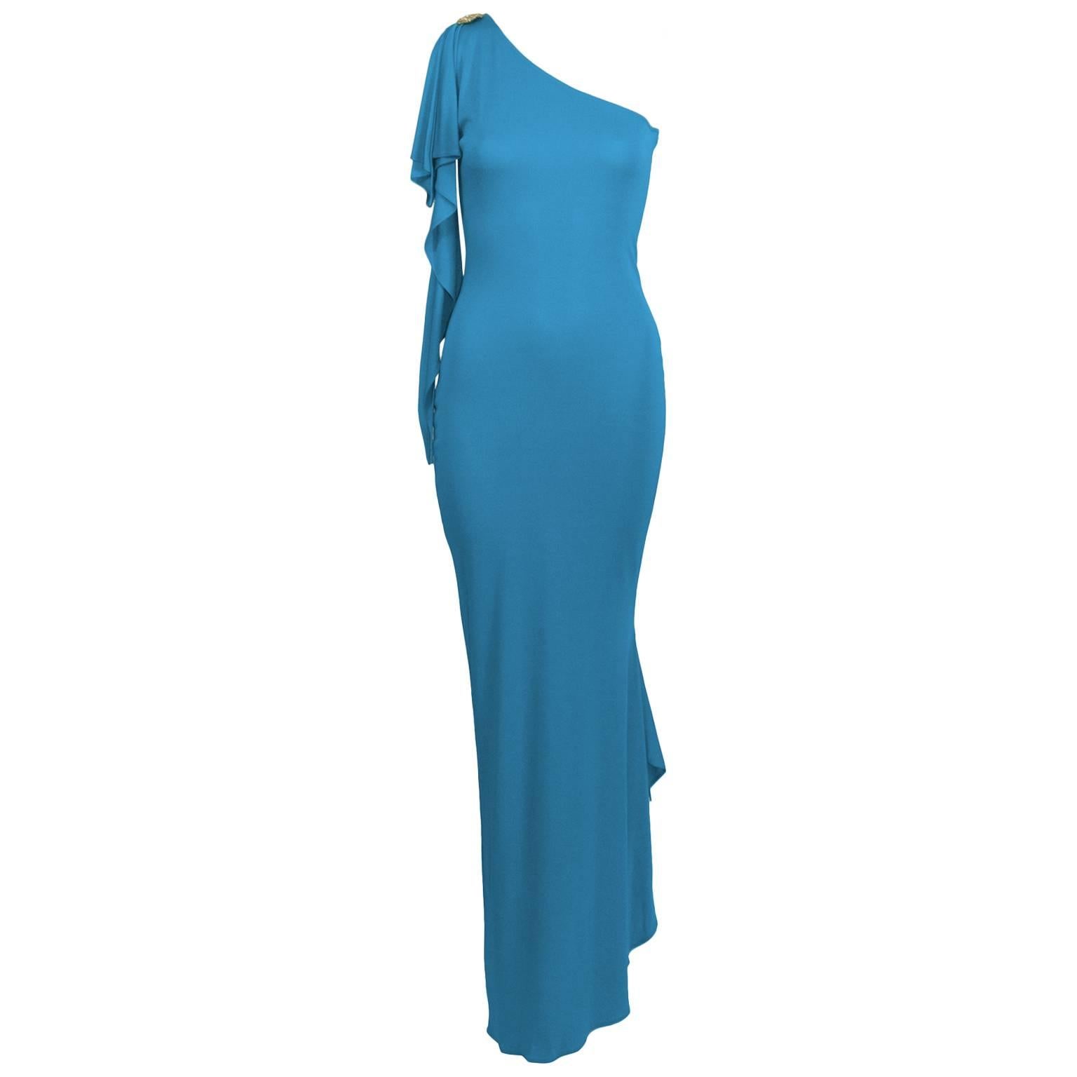 2000s Blue Marc Bouwer One Shoulder Gown  For Sale