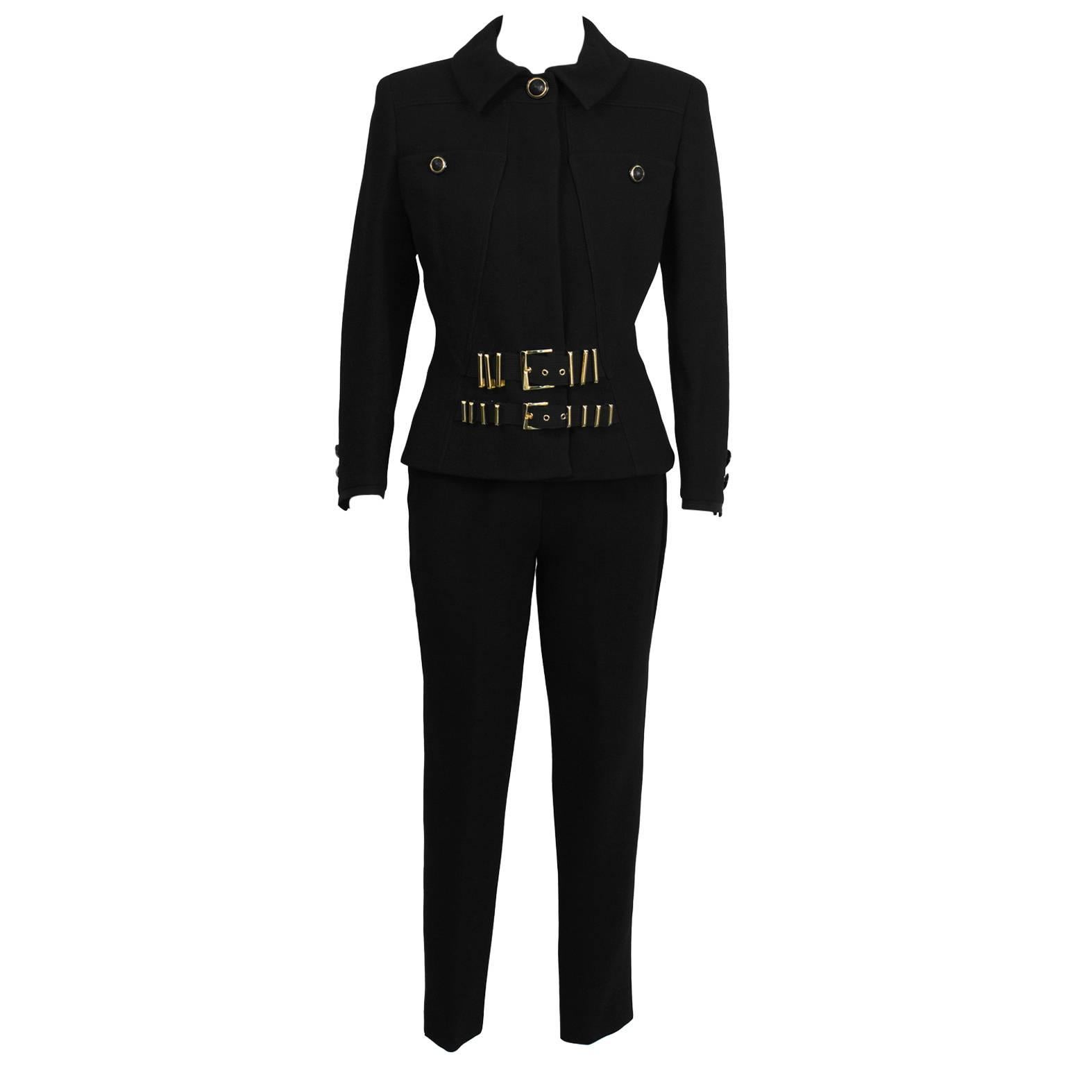 1980's Versace Black Bondage Suit with Gold Hardware