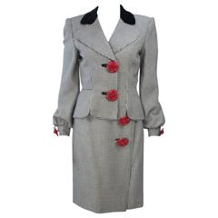 VALENTINO 1980's Rose Button Black and White Houndstooth Skirt Suit Size 8 6