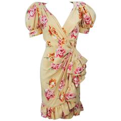 ANDREA ODICINI 1980s Yellow Silk Floral Print Dress with Large Bow Size 4-6 12