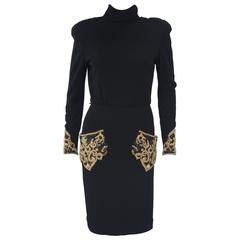 BILL BLASS 1980s Black Wool Dress with Turtleneck and Embellishment Size 6 10