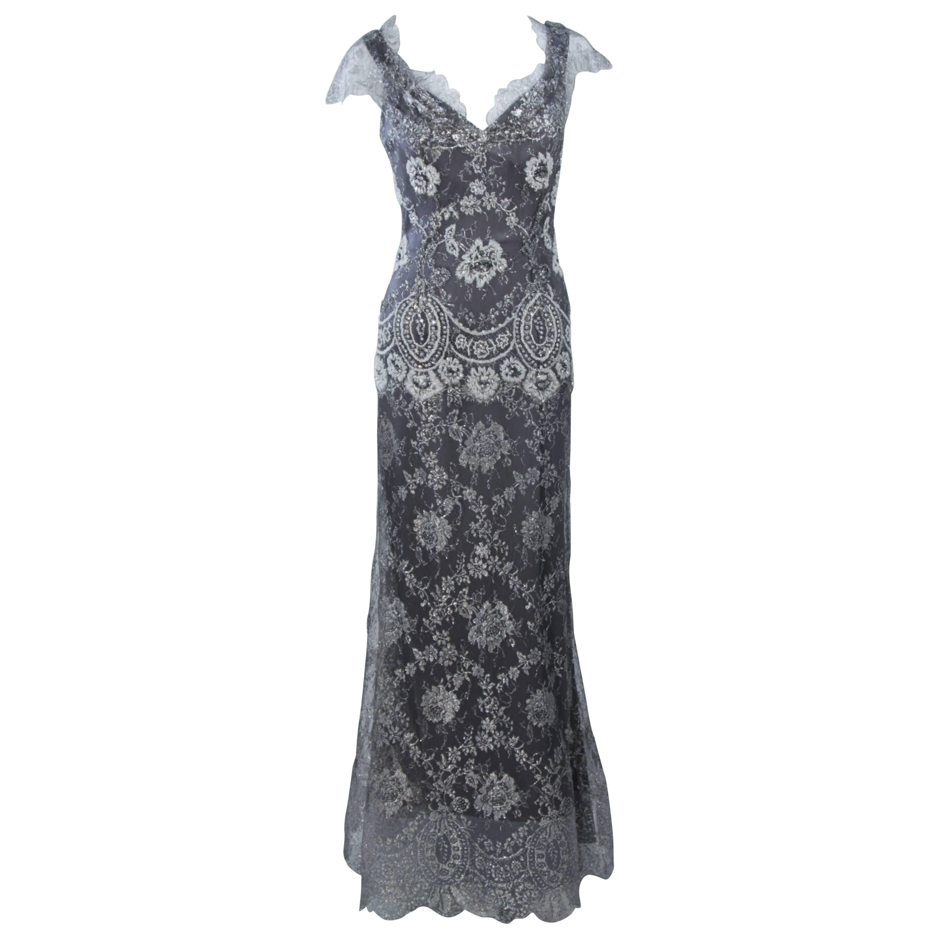 FE ZANDI Silver Lace Lame Gown with Scalloped Edges Size 8-10 For Sale