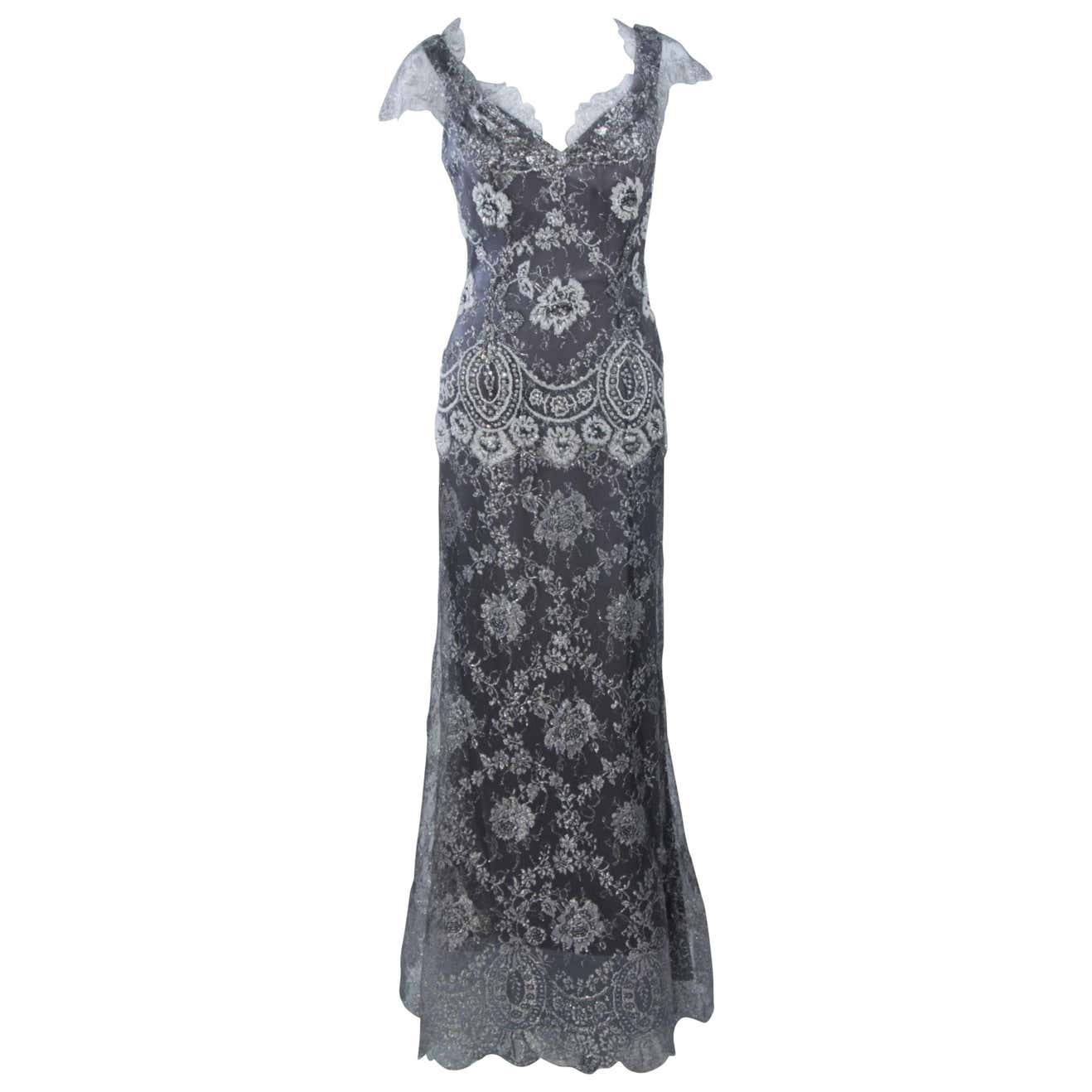 FE ZANDI Silver Lace Lame Gown with Scalloped Edges Size 8-10 For Sale ...