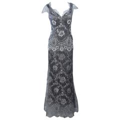 FE ZANDI Silver Lace Lame Gown with Scalloped Edges Size 8-10 11