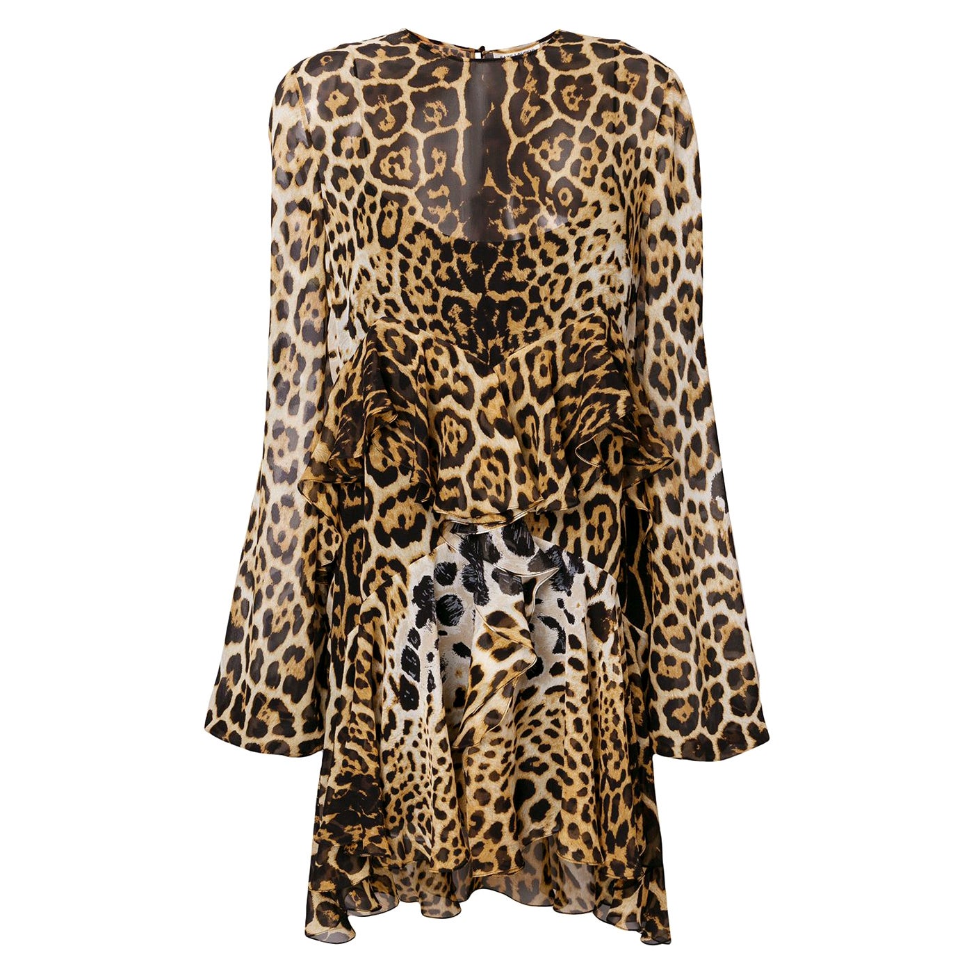 Saint Laurent Ruffles Leopard Print Silk Chiffon Long Sleeve Dress Size 38