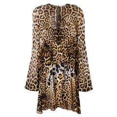 Saint Laurent Ruffles Leopard Print Silk Chiffon Long Sleeve Dress Size 38