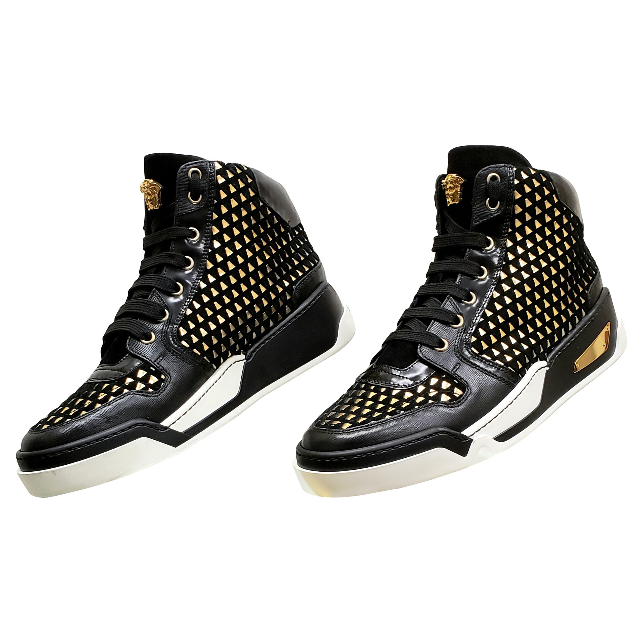 NEW VERSACE BLACK SUEDE GOLD WEAVE HIGH-TOP SNEAKERS W/Gold MEDUSA 42 - 9