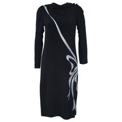 BOB MACKIE Black Silk Draped Cocktail Dress with Bow Applique Size 4-6 12