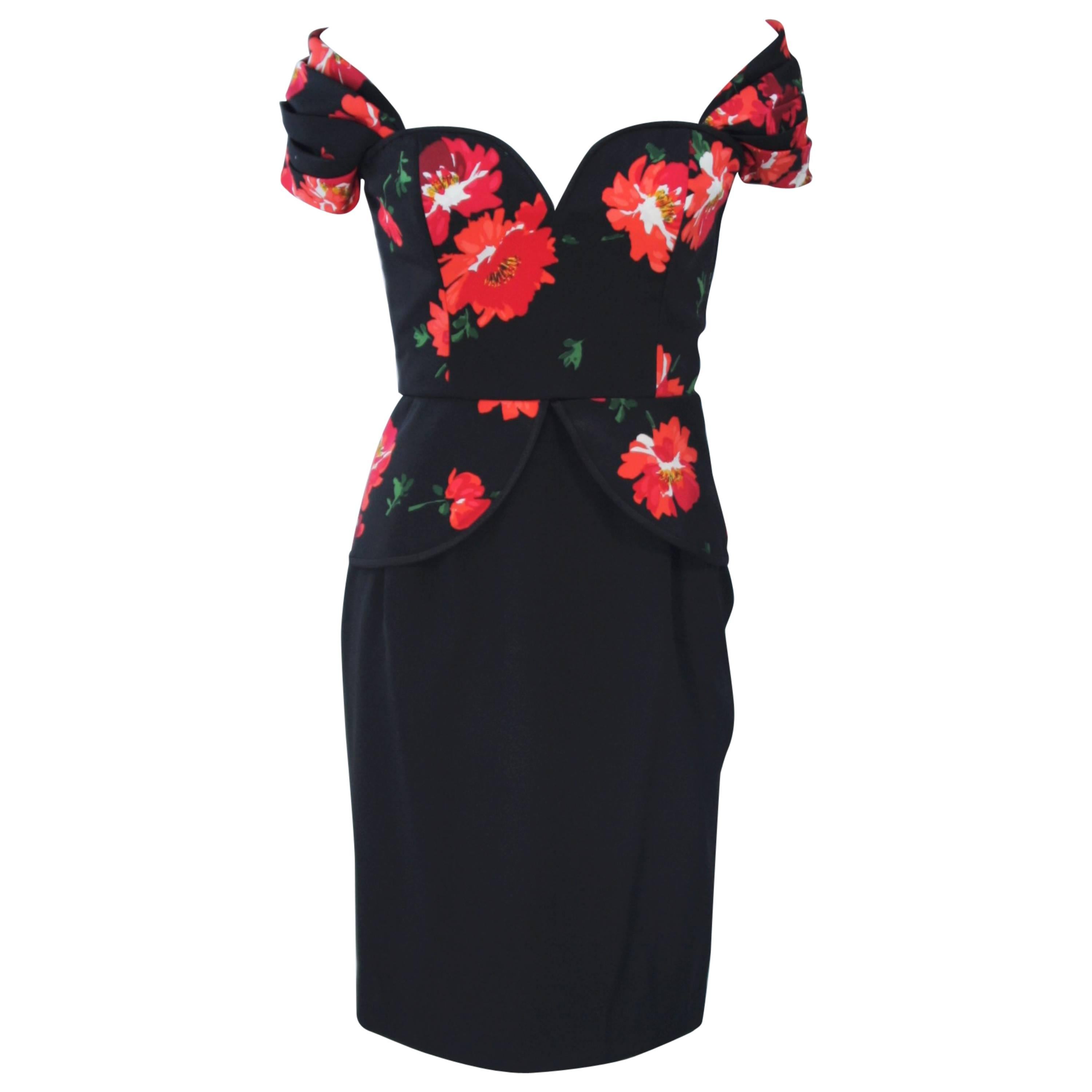 ANDREA ODICINI Black Silk Floral Print Cocktail Dress with Peplum Size 42 For Sale