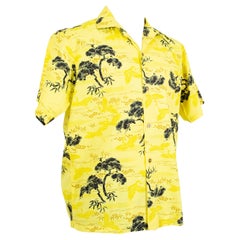 Retro New Men's Pacific Sportswear Yellow Hawaiian Watercolor Crane Shirt – M-L, 1950s