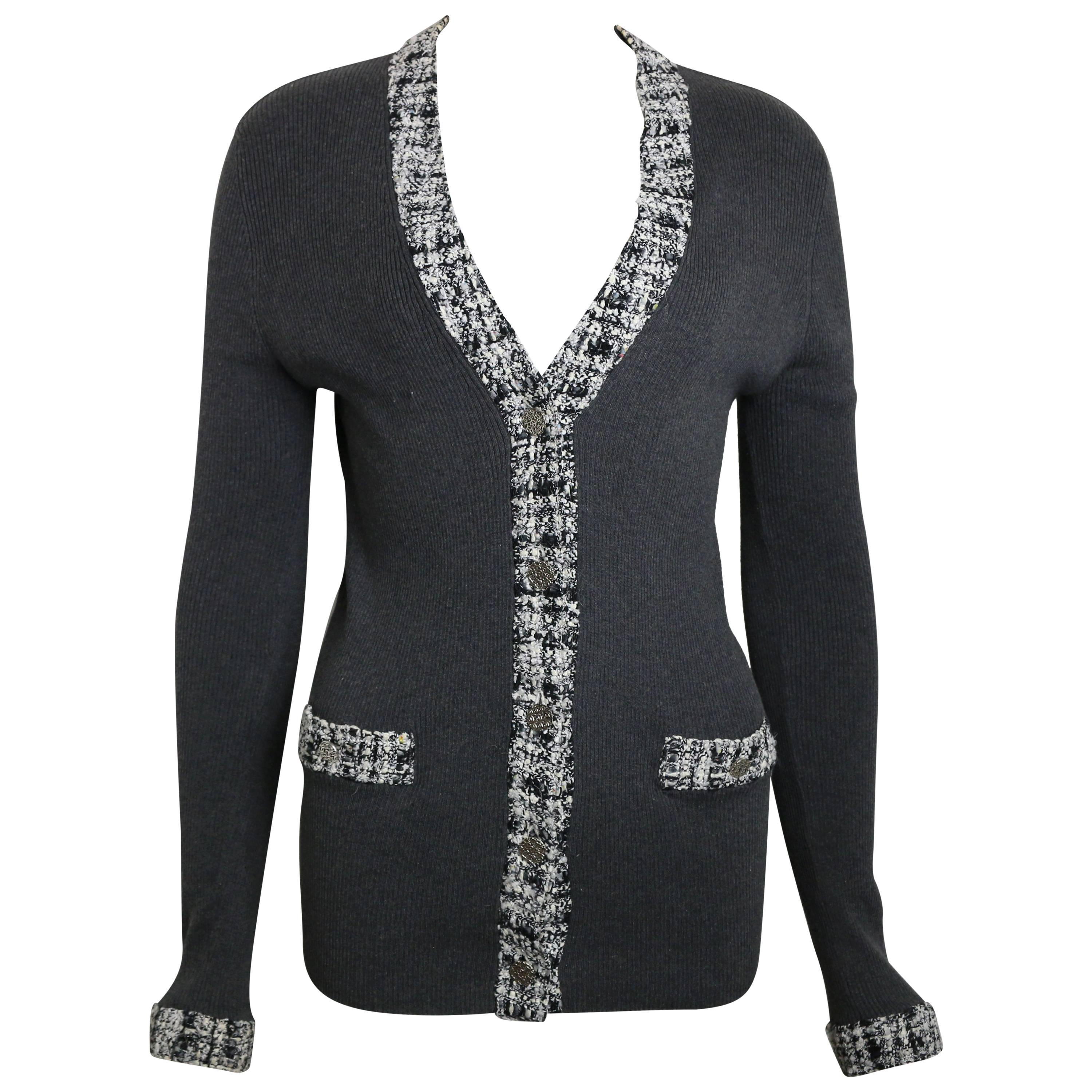 Chanel Grey Cardigan Sweater With Tweed Trim at 1stDibs chanel cardigan