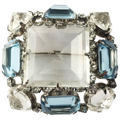 Stunning Schreiner 1950s ice blue and clear large square brooch 