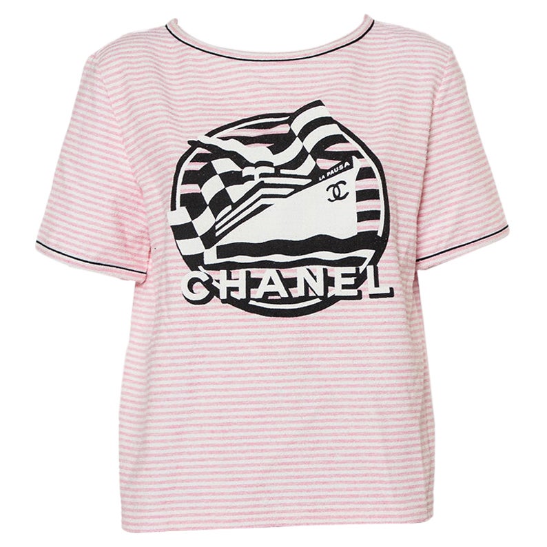 Chanel Pink Striped Terry Logo Printed Crewneck T-Shirt L at 1stDibs