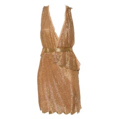 Roberto Cavalli Gold Bead Embellished Silk Overlay Belted Detail Mini Dress S