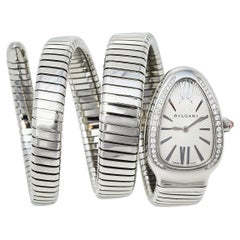 Bvlgari Silver Stainless Steel Diamond Serpenti Tubogas Women's Wristwatch 35 mm