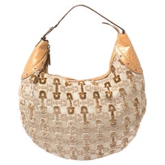 Used Gucci Beige/Tan Horsebit Velvet, Fabric and Croc Glam Hobo