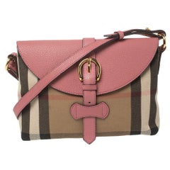 Burberry Pink Leather And Beige House Check Canvas Milton Crossbody Bag