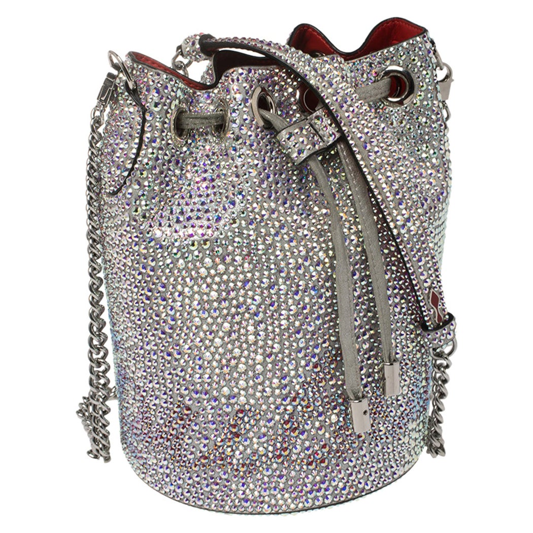 Christian Louboutin Silver Embellished Leather Marie Jane Bucket Bag at | crystal bucket bag, christian silver bag, christian louboutin bucket bag