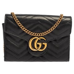 Gucci Black Matelassé Leather GG Marmont Wallet On Chain