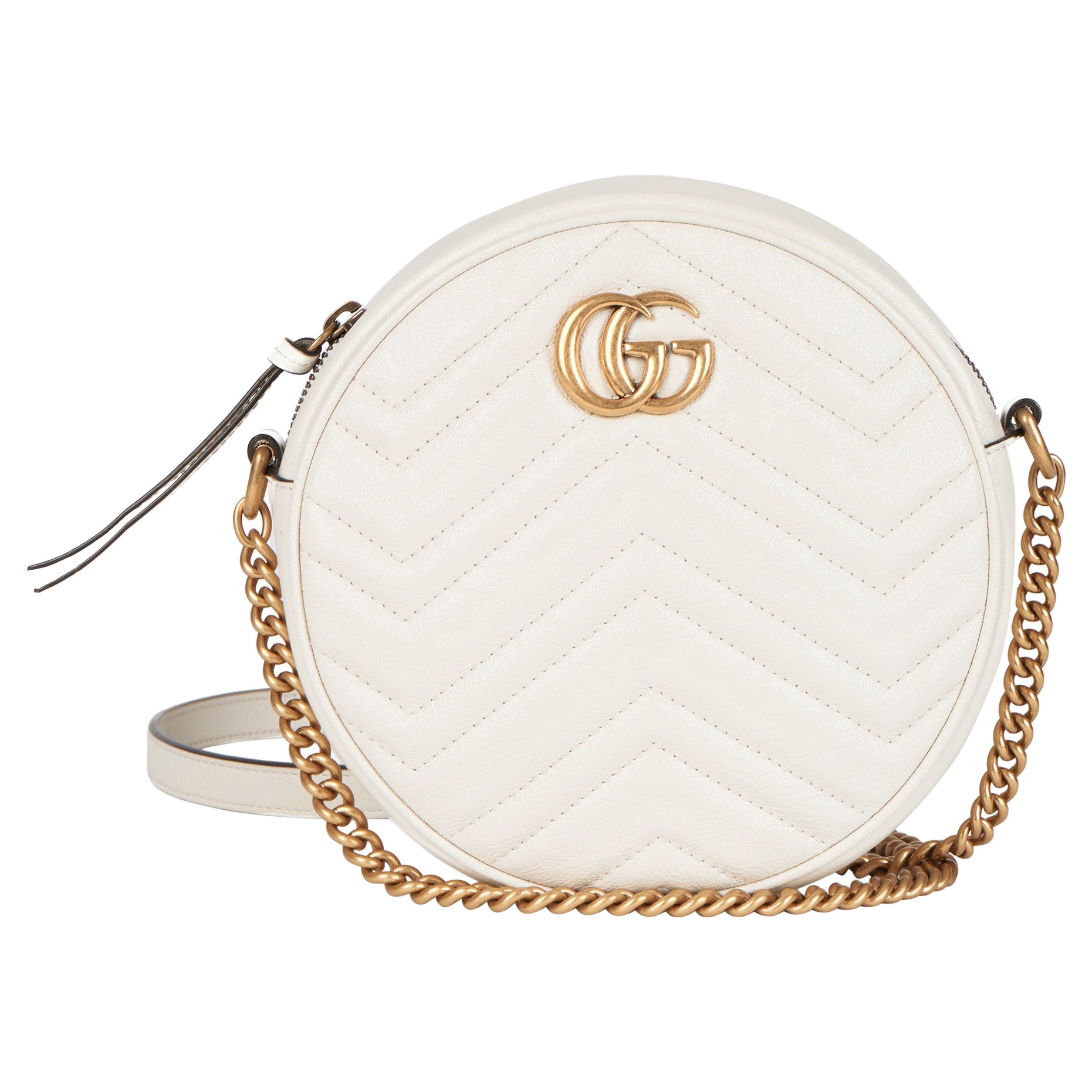 Gucci Ivory Chevron Quilted Shiny Calfskin Leather Mini Round Marmont