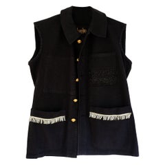 Embellished Silver Fringe Sleeveless Jacket Vest Black One of a kind J Dauphin