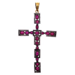 Retro Ruby and Diamond Gold and Sterling Silver Cross Pendant Necklace