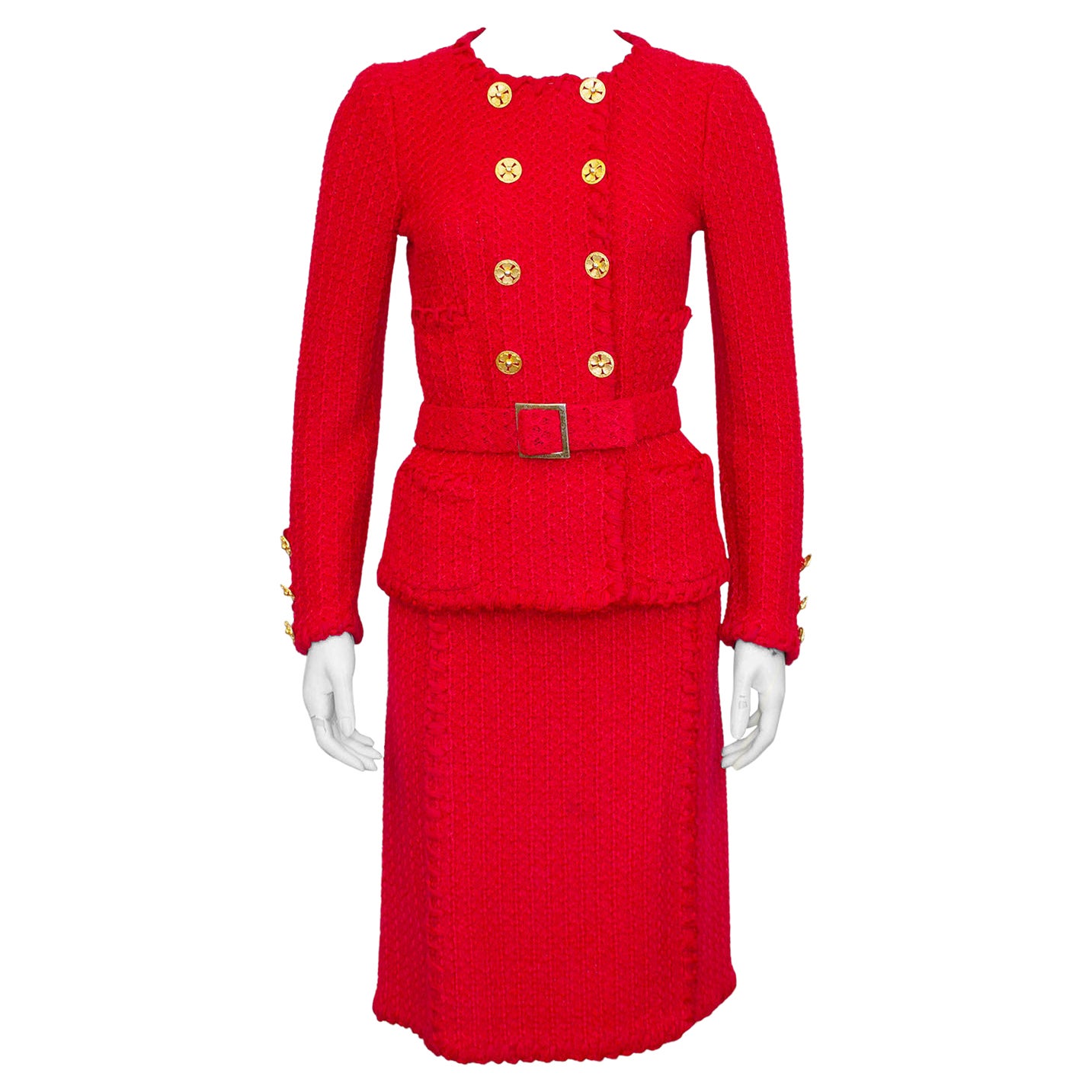 1980s Adolfo Red Wool Knit Skirt Suit