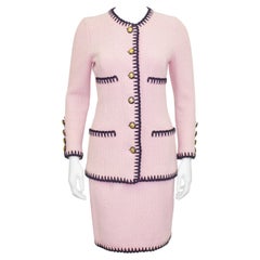 1980s Adolfo Pink Wool Knit Skirt Suit with Black Trim 