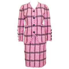 1980s Adolfo Pink Plaid Knit Skirt Suit 