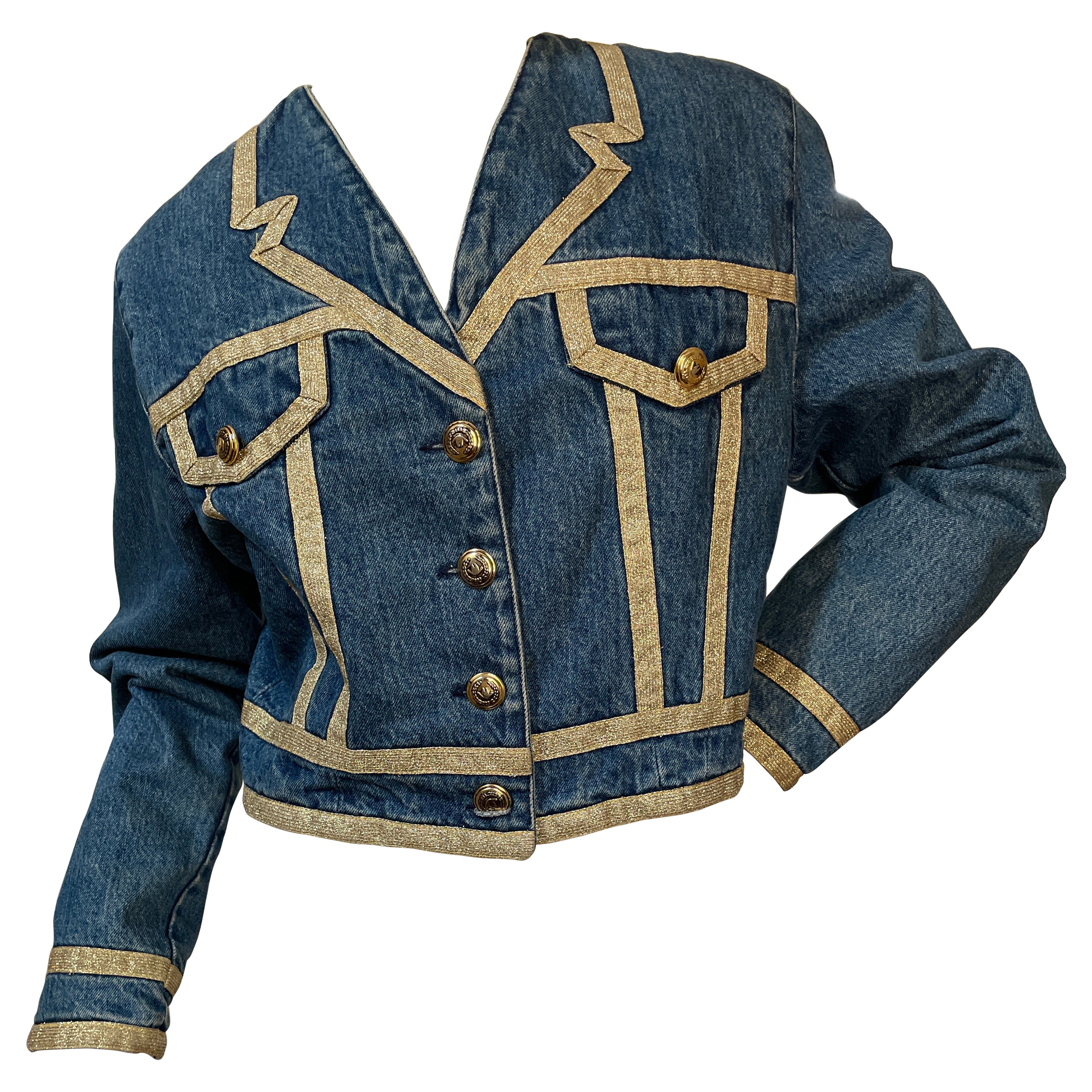 Moschino Jeans Vintage Denim Jacket with Trompe l'oeil Gold Trim Lapels For Sale
