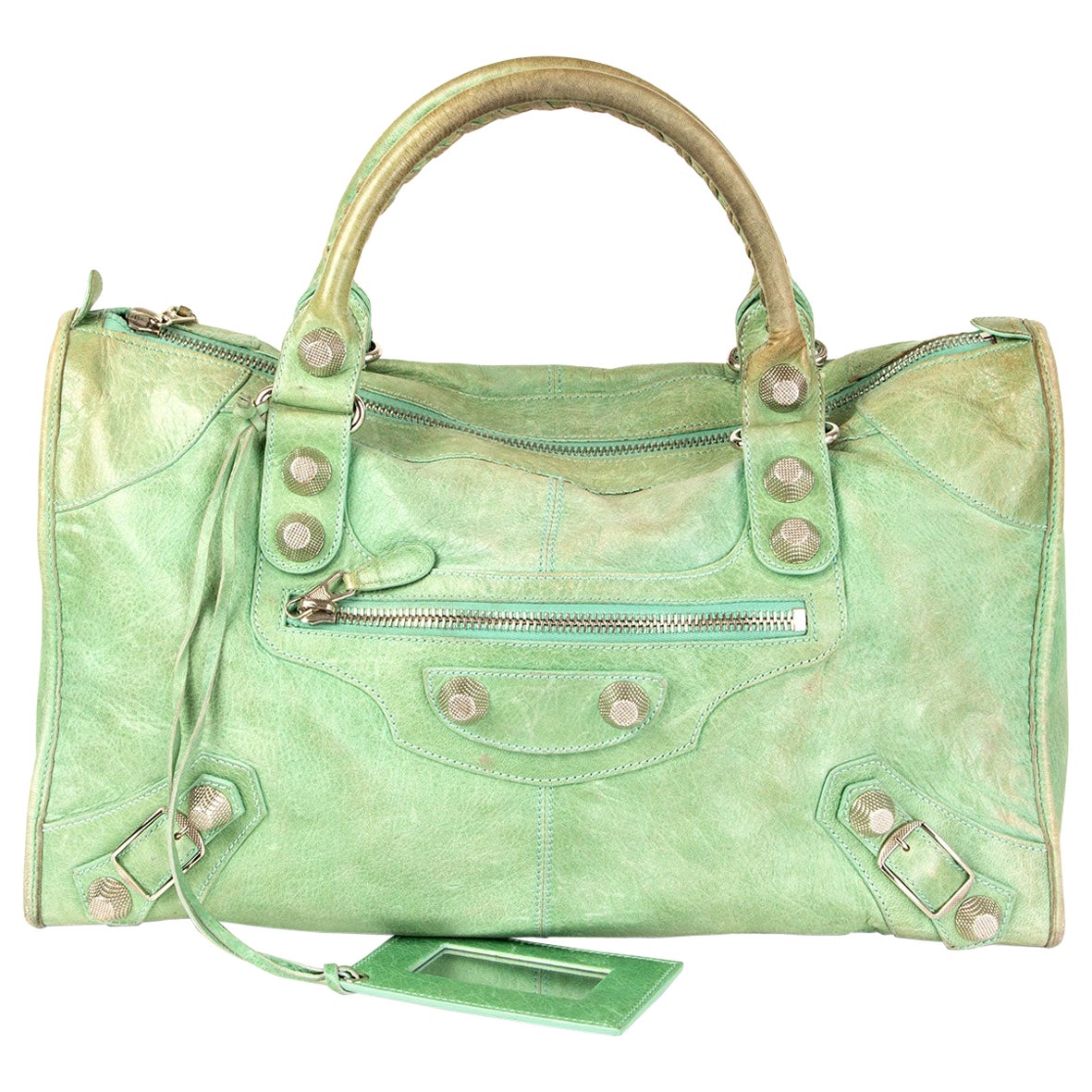 BALENCIAGA mint green distressed leather GIANT WORK Satchel Bag