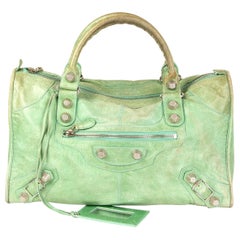 BALENCIAGA mint green distressed leather GIANT WORK Satchel Bag