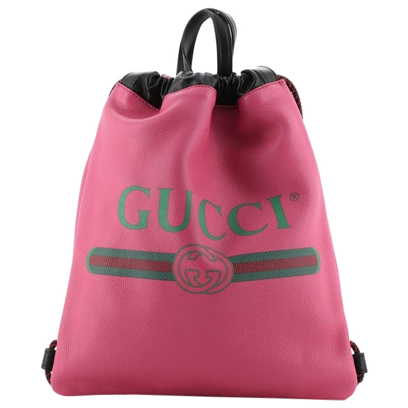 Gucci Logo Drawstring Backpack Printed Leather Medium