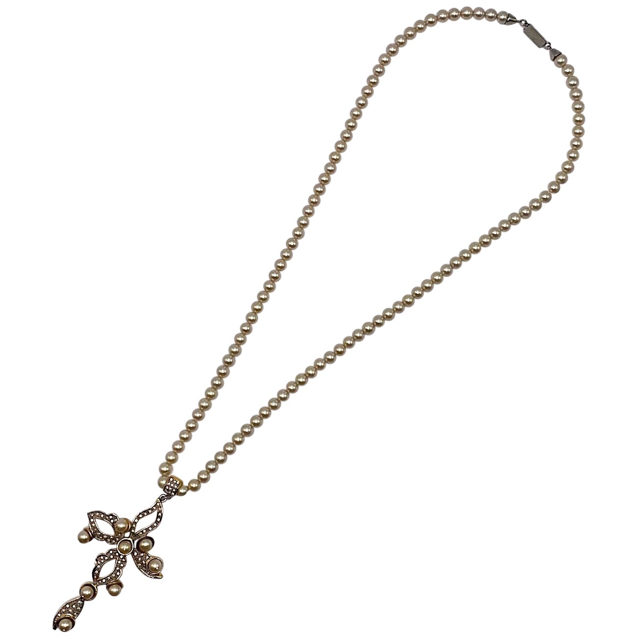Gianni De Liguoro 1980s Gold, Rhinestone &  Pearl Cross Pendant Necklace