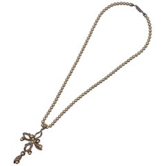 Vintage Gianni De Liguoro 1980s Gold, Rhinestone &  Pearl Cross Pendant Necklace