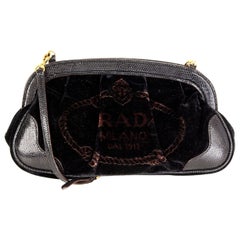 PRADA black LOGO VELVET & FAUX LIZARD Crossbody Frame Bag