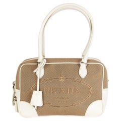 PRADA toile LOGO beige & cuir blanc BAULETTO Sac Corda Talco