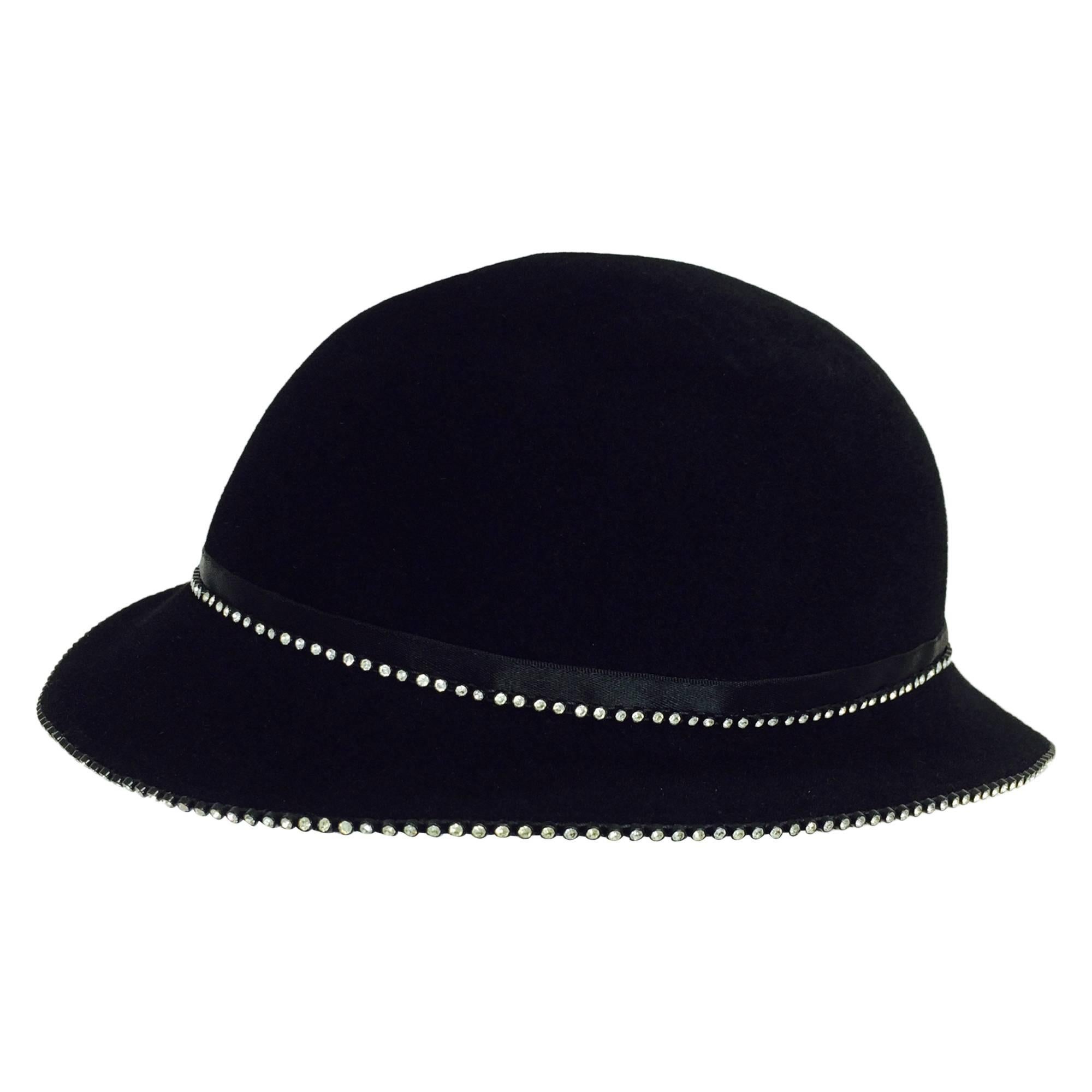 Galanos black fur felt hat with rhinestones 1960s