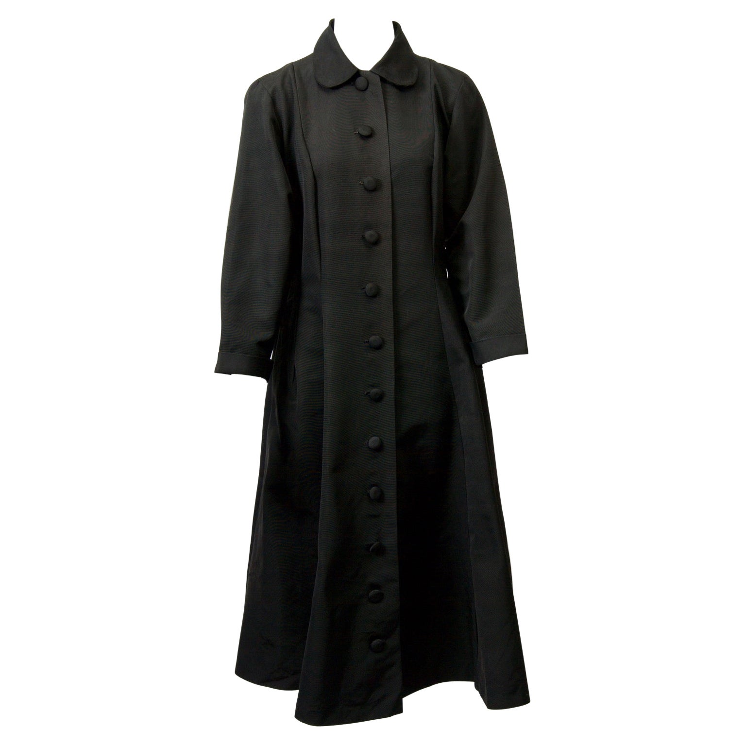 1950s Black Faille Fit and Flare Coat For Sale